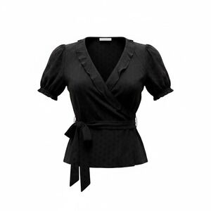 Peplum Wrap Top S Black Ruffle Puff Sleeve Clip Dot Romantic Feminine Dobby